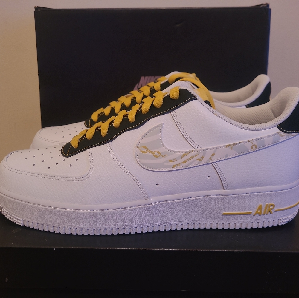 Nike " Gold Link Zebra " Air Force 1. Size 11. White leather with yellow & black